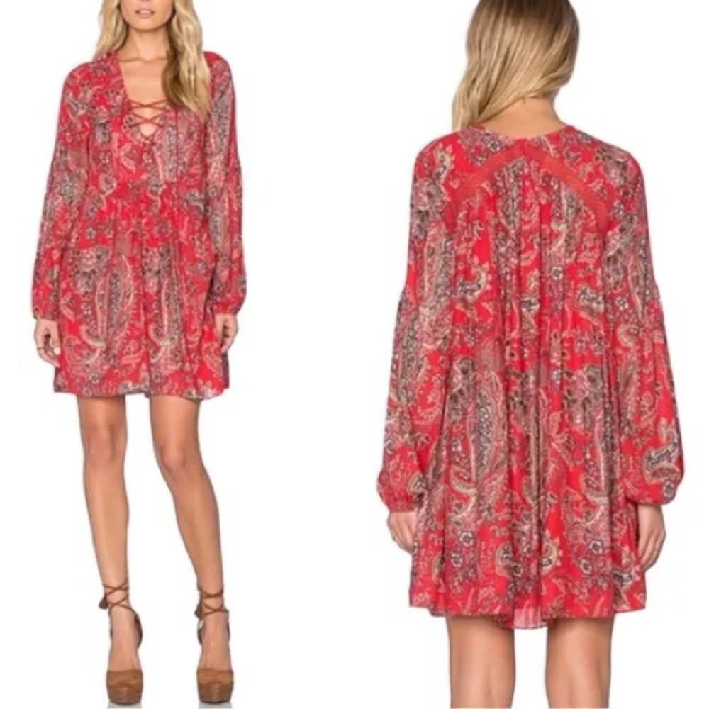 FREE PEOPLE Rain or Shine Poppy Combo Crochet Red Paisley Lace Up Tunic Dress